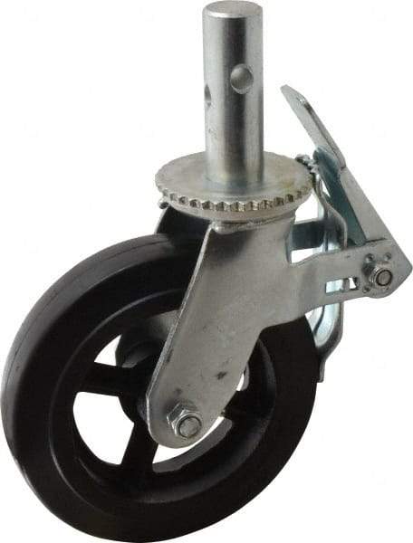 Fairbanks - 9-1/2" Diam x 2" Wide, Rubber Molded on 70 Durometer Swivel with Brake Double Braking Lock Design Caster - 500 Lb Capacity, Round Scaffold Stem Mount, Roller Bearing - Industrial Tool & Supply