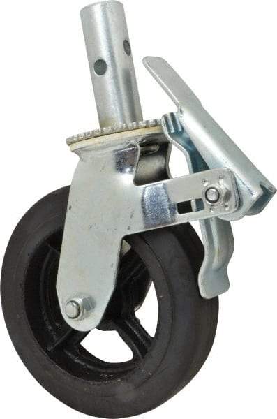 Fairbanks - 9-1/2" Diam x 2" Wide, Rubber Molded on 70 Durometer Swivel with Brake Double Braking Lock Design Caster - 500 Lb Capacity, Round Scaffold Stem Mount, Roller Bearing - Industrial Tool & Supply