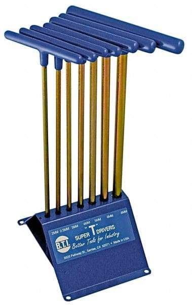 Made in USA - 7 Piece T-Handle Hex Key Set - Hex Range 2 to 8mm, 13" OAL, Chromalloy Steel - Industrial Tool & Supply