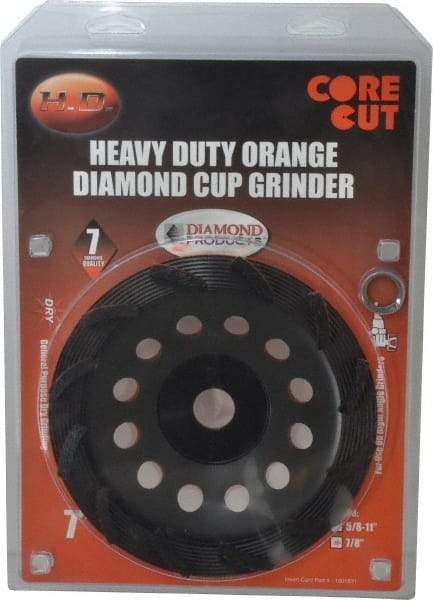 Core Cut - 7" Diam, 7/8" Hole Size, 3/16" Overall Thickness, Spiral Cup Tool & Cutter Grinding Wheel - Diamond, 8,725 RPM - Industrial Tool & Supply
