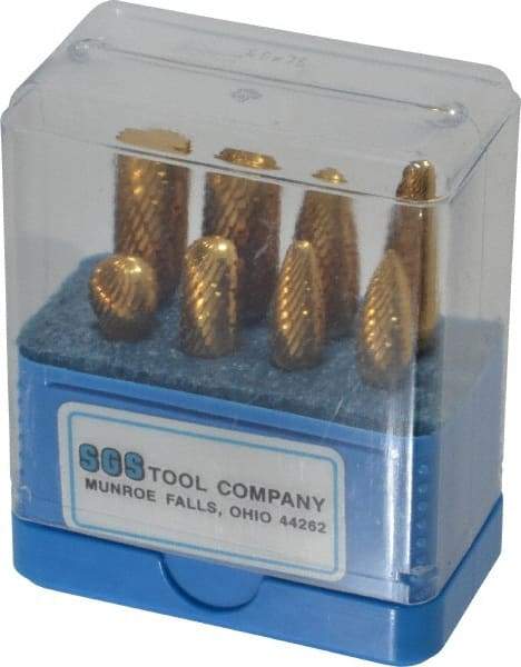SGS Pro - 8 Piece, 1/4" Shank Burr Set - Tungsten Carbide, Multiple Head Shapes, 14° Included Angle - Industrial Tool & Supply
