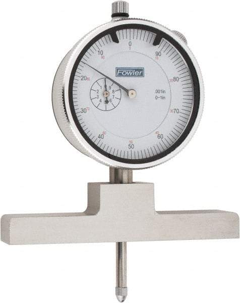 Fowler - 0 to 22 Inch Range, Steel, White Dial Depth Gage - 0.001 Inch Graduation, 0.001 Inch Accuracy, 1 Inch Travel, 4 Inch Base Measuring Length - Industrial Tool & Supply