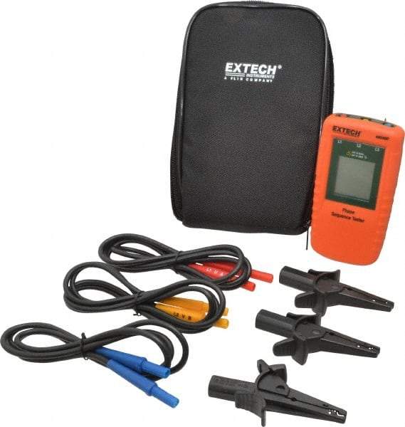 Extech - 3 Phase, 40 to 600 VAC, 15 to 400 Hz, 32 to 104°F, LCD Display Phase Rotation Tester - No Battery Required, Includes Alligator Clips, Test Leads, CAT III 600 V, CE, EN 61010-1 - Industrial Tool & Supply