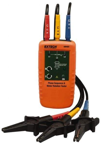 Extech - 3 Phase, 40 to 600 VAC, 2 to 400 Hz, 32 to 104°F, LED Display Phase Rotation Tester - 9V, Includes Alligator Clips, Test Leads, CAT III 600 V, CE, EN 61010-1 - Industrial Tool & Supply