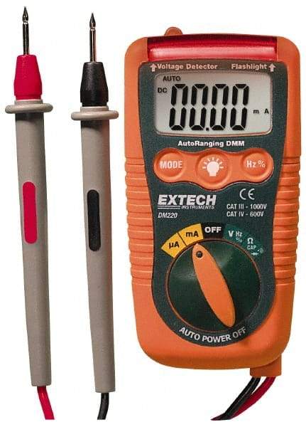 Extech - DM220, CAT IV, 600 VAC/VDC, Digital Auto Ranging Multimeter - 40 mOhm, Measures Voltage, Current, Frequency, Resistance - Industrial Tool & Supply