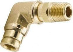Parker - 1/4" Outside Diam, 3/8 NPTF, Brass Push-to-Connect Tube Male Swivel Elbow - 250 Max psi, Tube to Male NPT Connection, Buna-N O-Ring - Industrial Tool & Supply