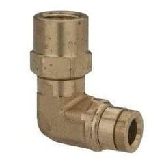 Parker - 1/4" Outside Diam, 1/8 NPTF, Brass Push-to-Connect Tube Female Swivel Elbow - 250 Max psi, Tube to Female NPT Connection, Buna-N O-Ring - Industrial Tool & Supply
