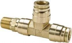 Parker - 1/4" Outside Diam, 1/4 NPTF, Brass Push-to-Connect Tube Male Swivel Run Tee - 250 Max psi, Tube to Male NPT Connection, Buna-N O-Ring - Industrial Tool & Supply