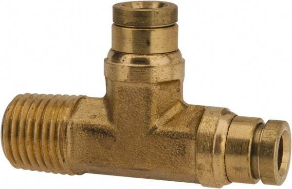 Parker - 1/4" Tube OD, 1/4 NPTF Brass Push-to-Connect Tube Male Run Tee - 250 Max psi, Tube to Male NPT Connection, Buna-N O-Ring, -40 to 200°F Working Temp - Industrial Tool & Supply