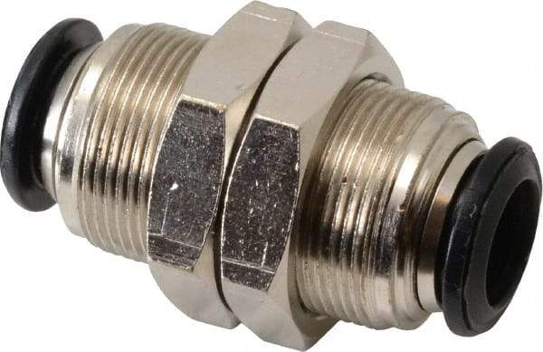 Alpha Technologies - 10mm Outside Diam, Nickel Plated Brass Push-to-Connect Tube Bulkhead Union - 250 Max psi, Tube to Tube Connection, Buna O-Ring - Industrial Tool & Supply