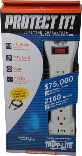 Tripp-Lite - 7 Outlets, 120 Volts, 15 Amps, 7' Cord, Power Outlet Strip - Keyhole Mount, 5-15P NEMA Configuration, 12.4" Strip, UL1449 3rd Edition - Industrial Tool & Supply