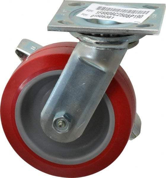 E.R. Wagner - 6" Diam x 2" Wide x 7-1/2" OAH Top Plate Mount Swivel Caster with Brake - Polyurethane, 900 Lb Capacity, Roller Bearing, 4 x 4-1/2" Plate - Industrial Tool & Supply