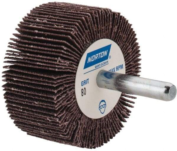 Norton - 2" Diam x 1" Face Width, Medium Aluminum Oxide Coated Mounted Flap Wheel - 1/4" Shank Mount, 80 Grit, Cloth Backing, 23,000 Max RPM - Industrial Tool & Supply