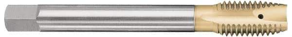 OSG - M10x1.25 Metric Fine, 3 Flute, TiN Finish, Vanadium High Speed Steel Spiral Point Tap - Plug Chamfer, Right Hand Thread, 100mm OAL, 1-1/4" Thread Length, 0.381" Shank Diam, 6H Class of Fit - Exact Industrial Supply