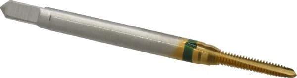 Guhring - #2-56 UNC, 3 Flute, TiN Finish, Cobalt Spiral Point Tap - Plug Chamfer, Right Hand Thread, 1-3/4" OAL, 0.141" Shank Diam, 2B Class of Fit, Series 3916 - Exact Industrial Supply
