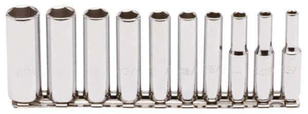 Proto - 10 Piece 1/4" Drive Chrome Finish Deep Well Socket Set - 6 Points, 3/16" to 9/16" Range, Inch Measurement Standard - Industrial Tool & Supply