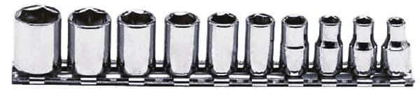 Proto - 10 Piece 1/4" Drive Chrome Finish Socket Set - 6 Points, 3/16" to 9/16" Range, Inch Measurement Standard - Industrial Tool & Supply
