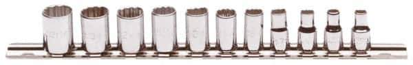 Proto - 11 Piece 1/4" Drive Chrome Finish Socket Set - 12 Points, 5mm to 14mm Range, Metric Measurement Standard - Industrial Tool & Supply