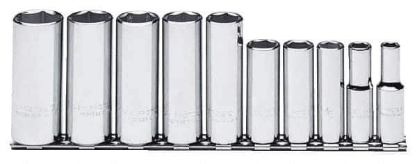 Proto - 10 Piece 3/8" Drive Chrome Finish Deep Well Socket Set - 6 Points, 5/16" to 7/8" Range, Inch Measurement Standard - Industrial Tool & Supply