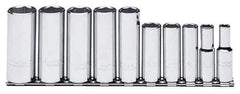 Proto - 10 Piece 3/8" Drive Chrome Finish Deep Well Socket Set - 6 Points, 5/16" to 7/8" Range, Inch Measurement Standard - Industrial Tool & Supply