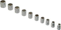 Proto - 10 Piece 3/8" Drive Chrome Finish Socket Set - 12 Points, 5/16" to 7/8" Range, Inch Measurement Standard - Industrial Tool & Supply