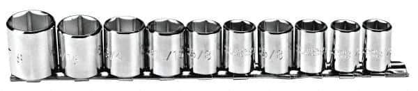 Proto - 10 Piece 3/8" Drive Chrome Finish Socket Set - 6 Points, 5/16" to 7/8" Range, Inch Measurement Standard - Industrial Tool & Supply