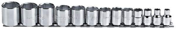 Proto - 13 Piece 3/8" Drive Chrome Finish Socket Set - 6 Points, 1/4" to 1" Range, Inch Measurement Standard - Industrial Tool & Supply