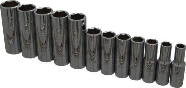 Proto - 12 Piece 3/8" Drive Chrome Finish Deep Well Socket Set - 6 Points, 8mm to 19mm Range, Metric Measurement Standard - Industrial Tool & Supply