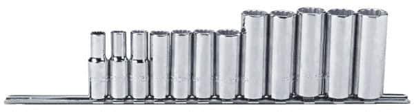 Proto - 12 Piece 3/8" Drive Chrome Finish Deep Well Socket Set - 12 Points, 8mm to 19mm Range, Metric Measurement Standard - Industrial Tool & Supply