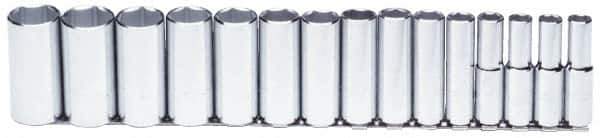 Proto - 15 Piece 1/2" Drive Chrome Finish Deep Well Socket Set - 6 Points, 5/16" to 1-1/4" Range, Inch Measurement Standard - Industrial Tool & Supply