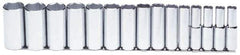 Proto - 15 Piece 1/2" Drive Chrome Finish Deep Well Socket Set - 6 Points, 5/16" to 1-1/4" Range, Inch Measurement Standard - Industrial Tool & Supply