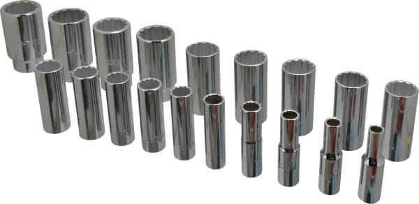 Proto - 19 Piece 1/2" Drive Chrome Finish Deep Well Socket Set - 12 Points, 3/8" to 1-1/2" Range, Inch Measurement Standard - Industrial Tool & Supply