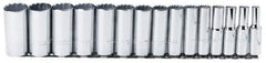 Proto - 15 Piece 1/2" Drive Chrome Finish Deep Well Socket Set - 12 Points, 3/8" to 1-1/4" Range, Inch Measurement Standard - Industrial Tool & Supply