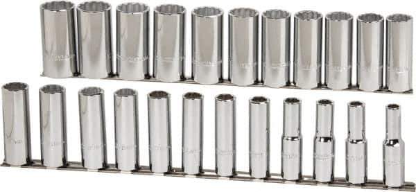 Proto - 23 Piece 1/2" Drive Chrome Finish Deep Well Socket Set - 12 Points, 10mm to 32mm Range, Metric Measurement Standard - Industrial Tool & Supply