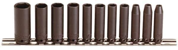 Proto - 11 Piece 1/4" Drive Black Finish Deep Well Impact Socket Set - 6 Points, 3/16" to 5/8" Range, Inch Measurement Standard - Industrial Tool & Supply