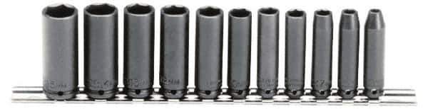 Proto - 11 Piece 1/4" Drive Black Finish Deep Well Impact Socket Set - 6 Points, 5mm to 15mm Range, Metric Measurement Standard - Industrial Tool & Supply