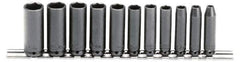 Proto - 11 Piece 1/4" Drive Black Finish Deep Well Impact Socket Set - 6 Points, 5mm to 15mm Range, Metric Measurement Standard - Industrial Tool & Supply