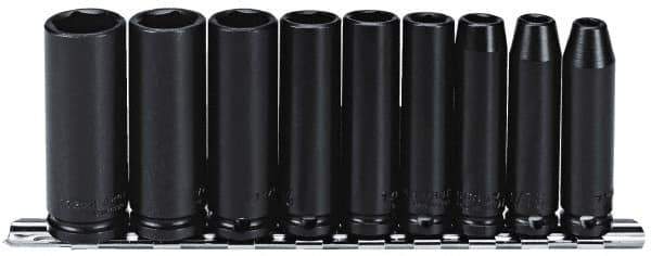 Proto - 9 Piece 3/8" Drive Black Finish Deep Well Impact Socket Set - 6 Points, 1/4" to 3/4" Range, Inch Measurement Standard - Industrial Tool & Supply