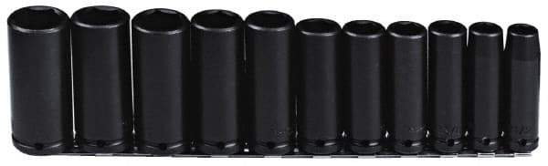 Proto - 11 Piece 1/2" Drive Black Finish Deep Well Impact Socket Set - 6 Points, 1/2" to 1-1/8" Range, Inch Measurement Standard - Industrial Tool & Supply