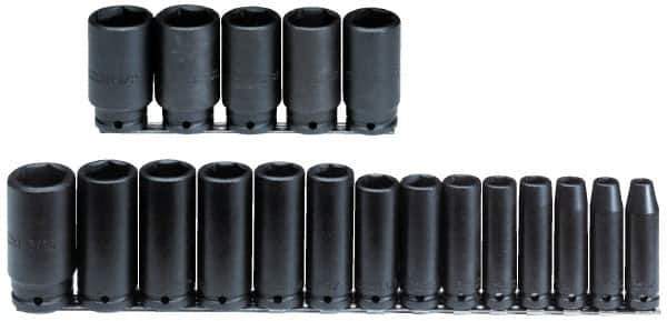 Proto - 19 Piece 1/2" Drive Black Finish Deep Well Impact Socket Set - 6 Points, 3/8" to 1-1/2" Range, Inch Measurement Standard - Industrial Tool & Supply