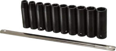 Proto - 10 Piece 1/2" Drive Black Finish Deep Well Impact Socket Set - 6 Points, 10mm to 19mm Range, Metric Measurement Standard - Industrial Tool & Supply