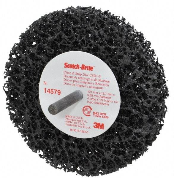 3M - 4" Very Coarse Grade Silicon Carbide Deburring Disc - 1/4" Shank Diam, 1/2" Center Hole, Shank Connection, Black, 8,000 Max RPM - Industrial Tool & Supply