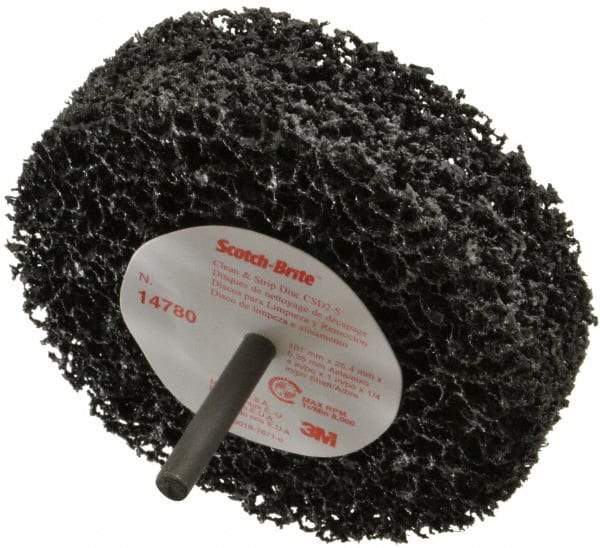3M - 4" Very Coarse Grade Silicon Carbide Deburring Disc - 1/4" Shank Diam, 1" Center Hole, Shank Connection, Black, 8,000 Max RPM - Industrial Tool & Supply
