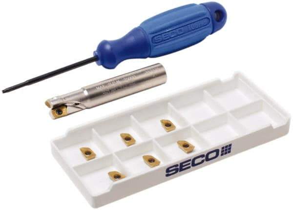 Seco - 3/8" Cut Diam, 0.197" Max Depth of Cut, 3/8" Shank Diam, 2.165" OAL, Indexable Square Shoulder End Mill - XO.X 0602 Inserts, Cylindrical Shank, 90° Lead Angle, Through Coolant, Series Nano Turbo - Industrial Tool & Supply
