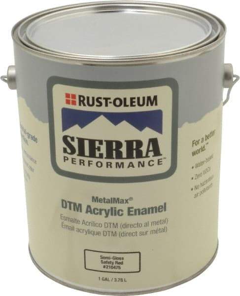 Rust-Oleum - 1 Gal Semi Gloss Safety Red Acrylic Enamel - 180 to 545 Sq Ft/Gal Coverage, <0 g/L VOC Content, Direct to Metal - Industrial Tool & Supply