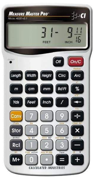 Calculated Industries - 11-Digit (7 normal, 4 Fractions) with Full Annunciators 30 Function Handheld Calculator - 5/8" x 2-1/2" (15.88mm x 63.5mm) Display Size, Silver, LR-44/A76 Powered, 7" Long x 5" Wide x 1" High - Industrial Tool & Supply