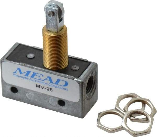 Mead - 0.11 CV Rate, 3 Way Pilot Air Valve - Roller Plunger Actuator - Industrial Tool & Supply