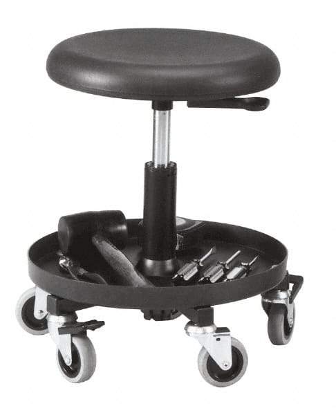 Bevco - 16 to 20-1/4" Hight Maintenance Repair Utility Stool with 16" Plastic Storage Tray - Polyurethane Seat, Black, Five 3" Rubber Wheel Casters - Industrial Tool & Supply
