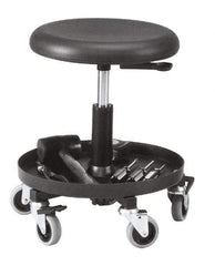Bevco - 16 to 20-1/4" Hight Maintenance Repair Utility Stool with 16" Plastic Storage Tray - Polyurethane Seat, Black, Five 3" Rubber Wheel Casters - Industrial Tool & Supply