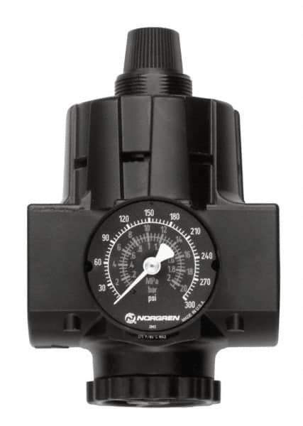 Norgren - 1-1/4 NPT Port, 700 CFM, Zinc Hi-Flow Regulator - 10 to 125 psi Range, 300 Max psi Supply Pressure, 1/2" Gauge Port Thread, 2.91" Wide x 5.37" High - Industrial Tool & Supply